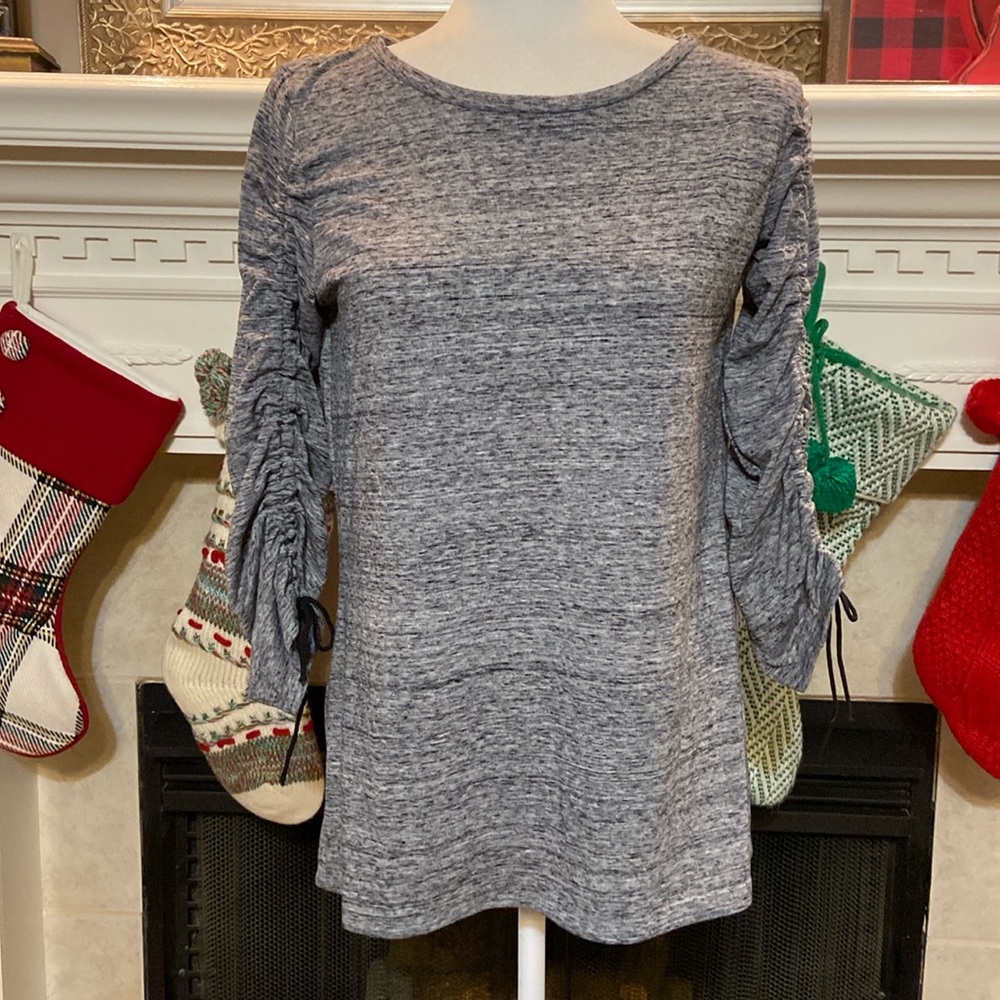 NWT LOFT Grey Heather Long Sleeve Top with Ruched Sleeves